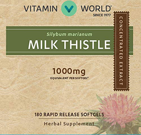 Vitamin World Milk Thistle 1000mg 180 Softgels, Silymarin Marianum, Supports ...