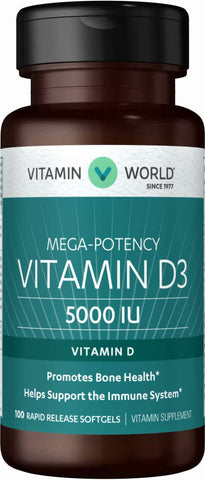 Vitamin World Vitamin D3 5000 IU 100 Softgels, Mega-Potency, Bioavailable, Pr...