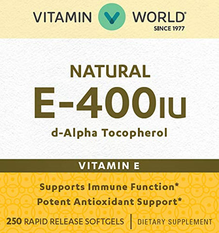 Vitamin World Natural Vitamin E 400IU 250 Softgels, Supports Immune Function,...