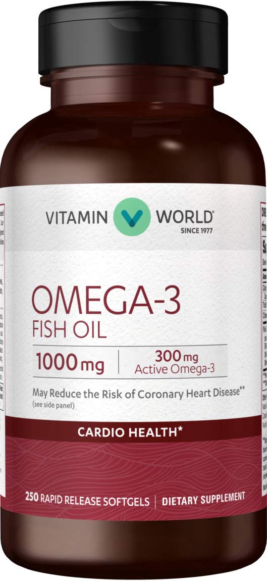 Vitamin World Omega-3 Fish Oil 1000 mg. 250 Softgels, EPA DHA, Heart Health, ...