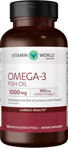 Vitamin World Omega-3 Fish Oil 1000 mg. 250 Softgels, EPA DHA, Heart Health, ...