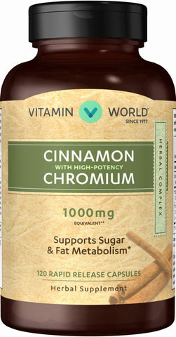 Vitamin World Cinnamon 1000 mg. Complex 120 Capsules, Chromium, High-Potency,...