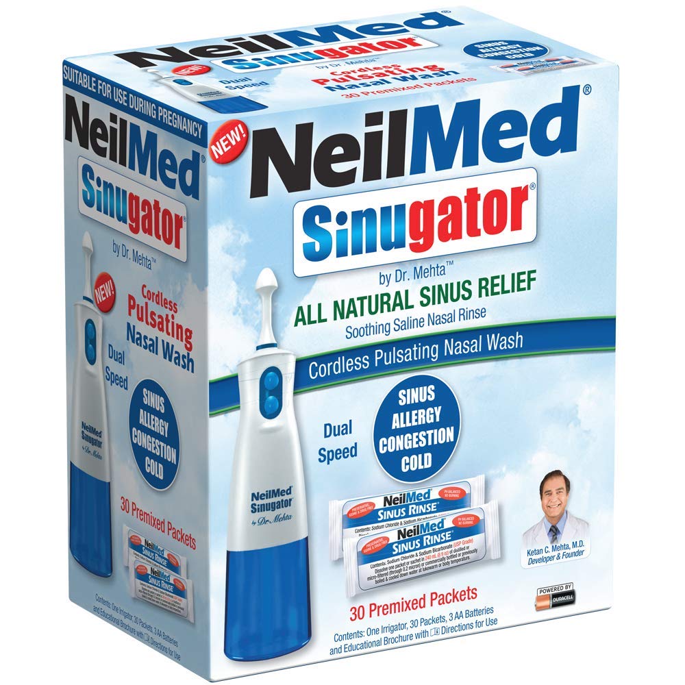 NeilMed Sinugator Cordless Pulsating Nasal Wash Kit with One Irrigator, 30 Pr...