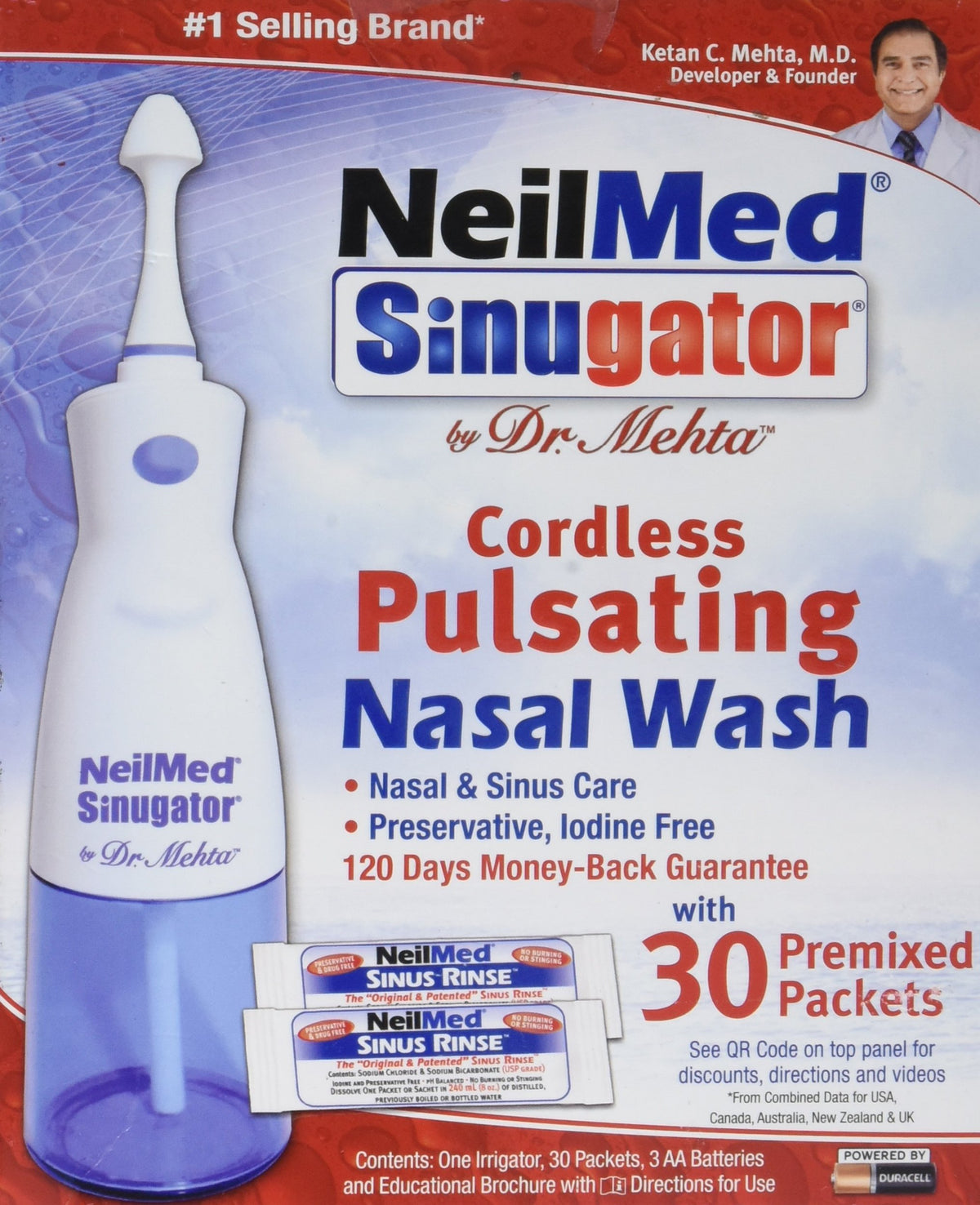 NeilMed Sinugator Cordless Pulsating Nasal Wash with 30 Premixed Packets